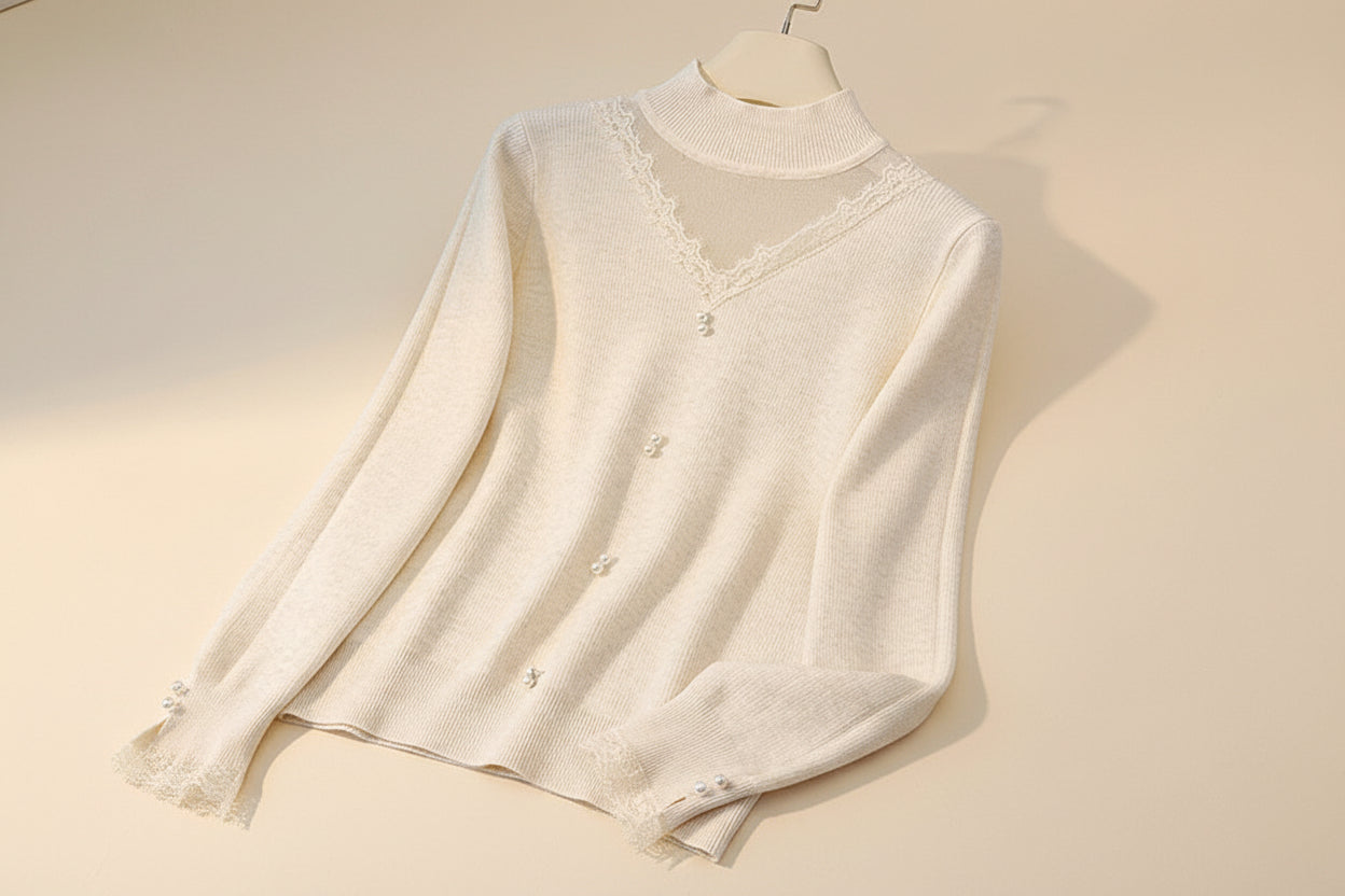 Chiffon-Trim Long Sleeve Knit Sweater — Back View
