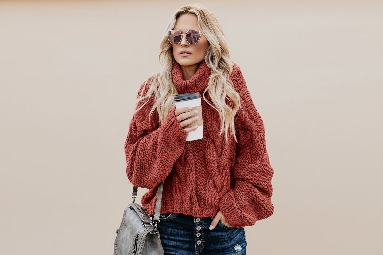 Cable-Knit Handmade Turtleneck Sweater — Detail View 19