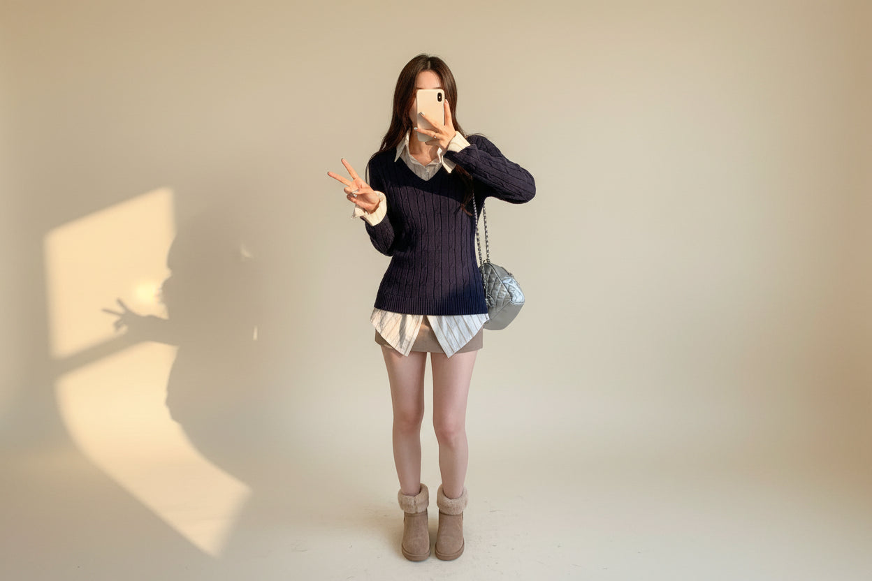 Cream V-Neck Cable Knit Pullover — Back View