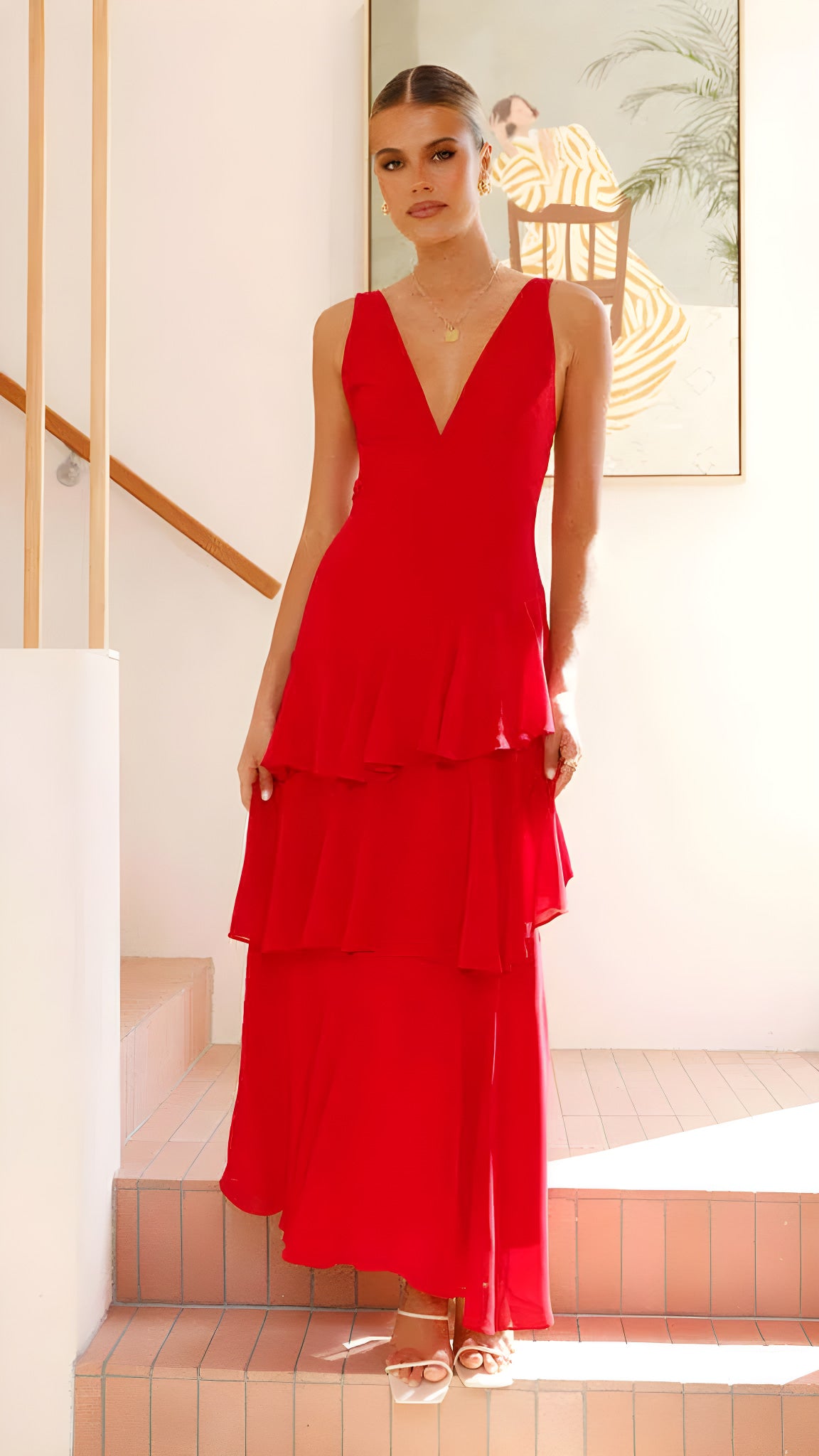 sleeveless V-neck dress #Color_Red