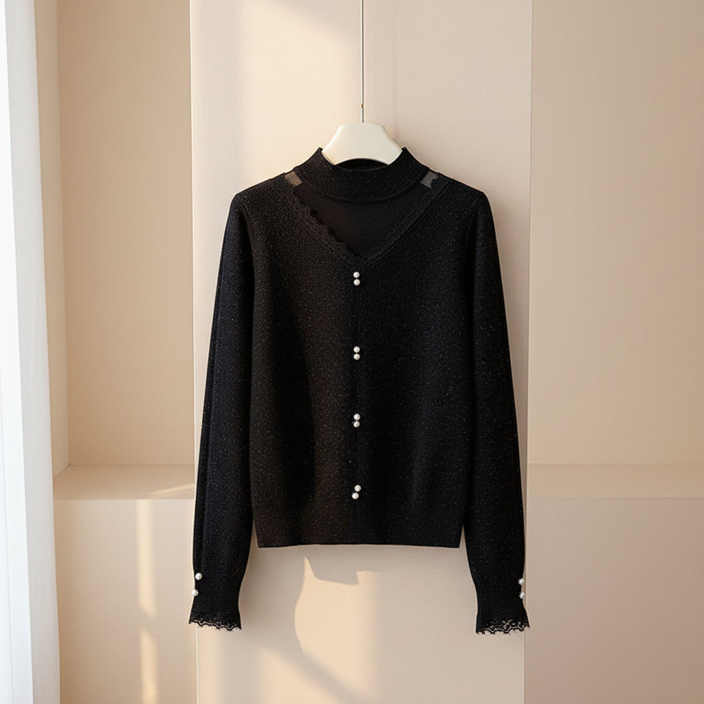 Chiffon-Trim Long Sleeve Knit Sweater — Detail View 1