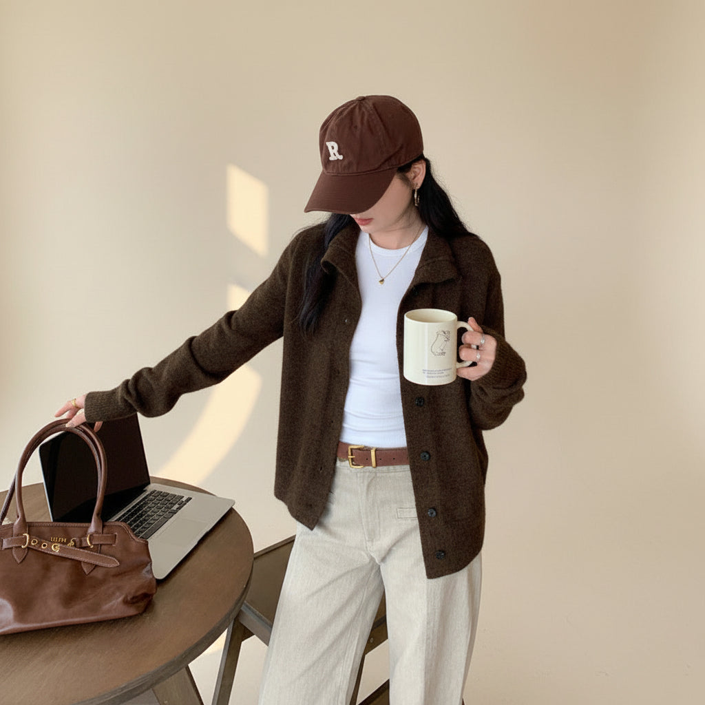 Relaxed High Neck Knit Cardigan — Back View