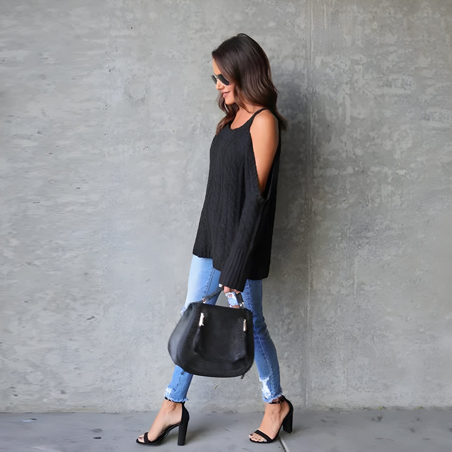 off-shoulder twist knit sweater #Color_Black