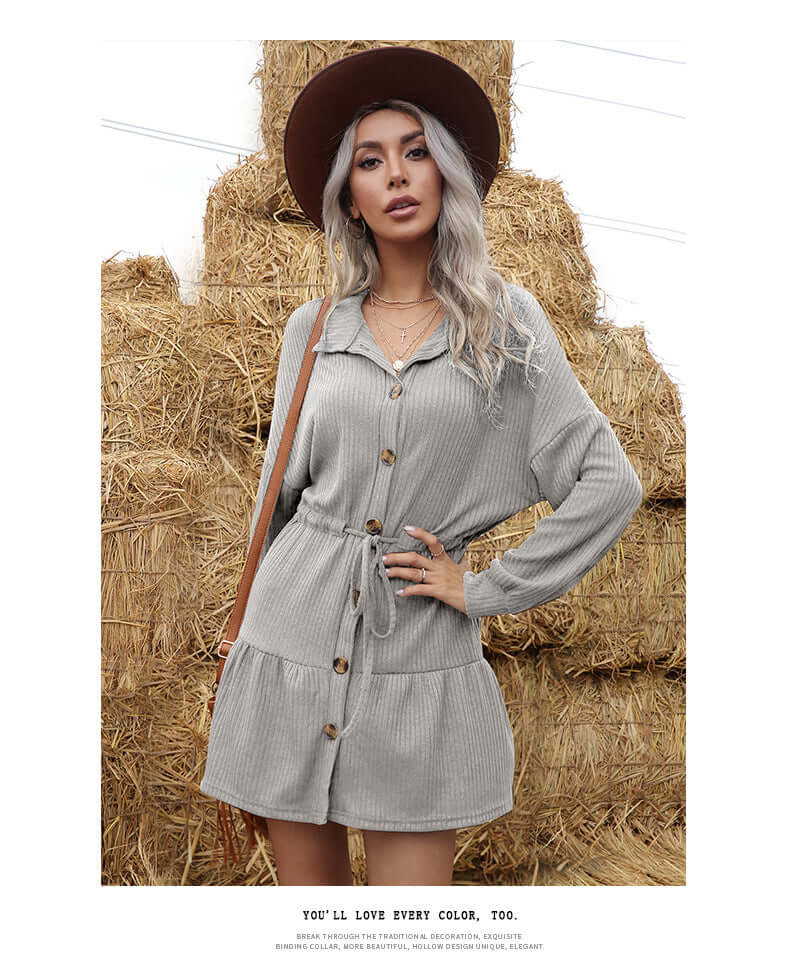 Odette Button-Front A-Line Knit Dress#Color_Gray