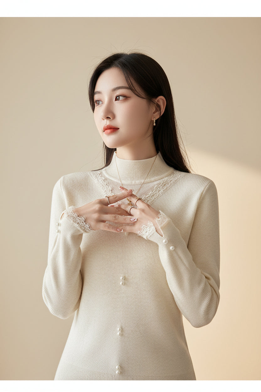 Chiffon-Trim Long Sleeve Knit Sweater — Front View