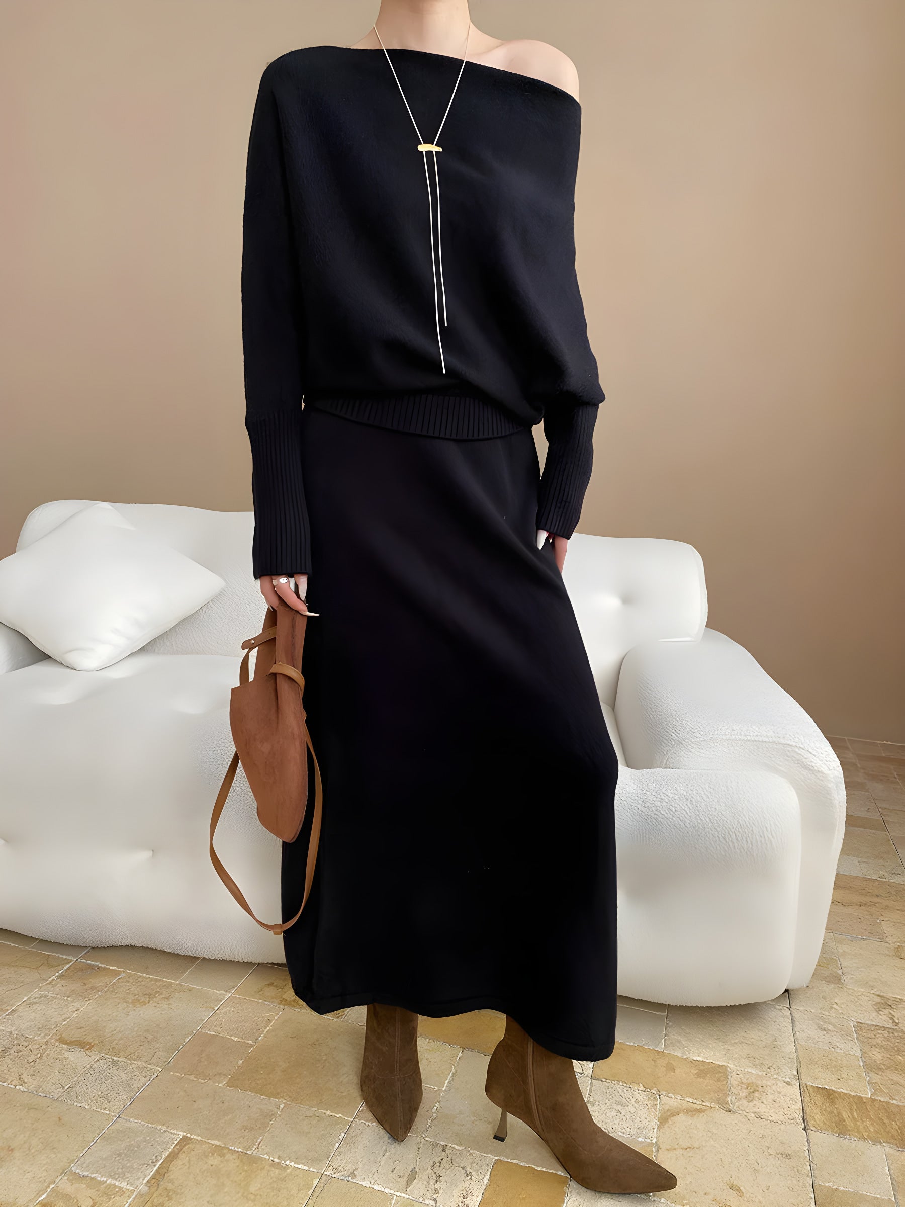 batwing off-shoulder knit two-piece set#Color_Black