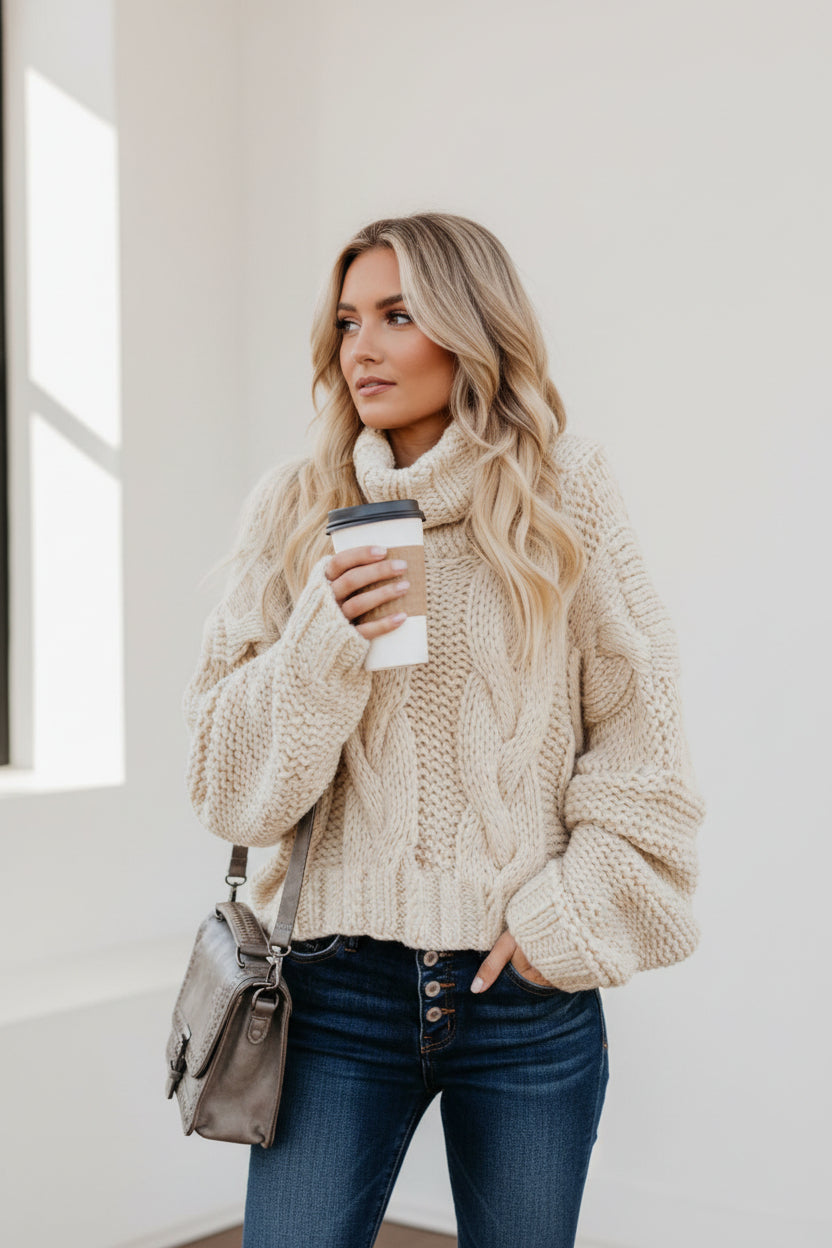 High Neck Cable Knit Cropped Sweater — Detail View 3