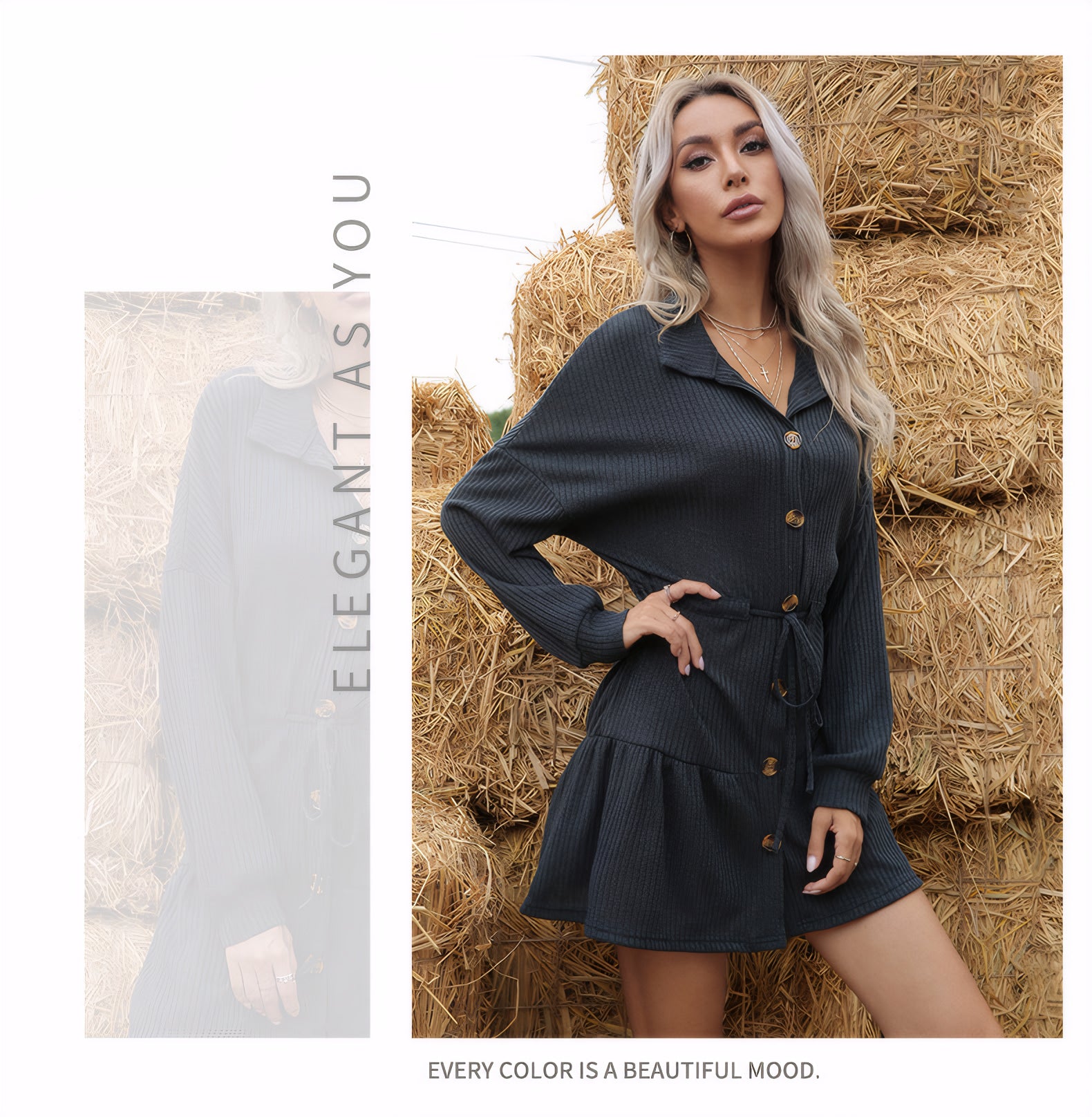 button-front A-line knit dress#Color_Blue