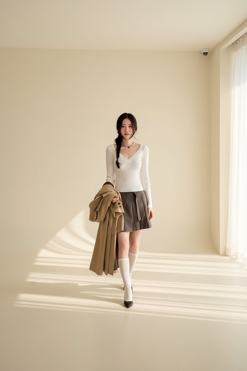 V-Neck Openwork Long Sleeve Knit Top