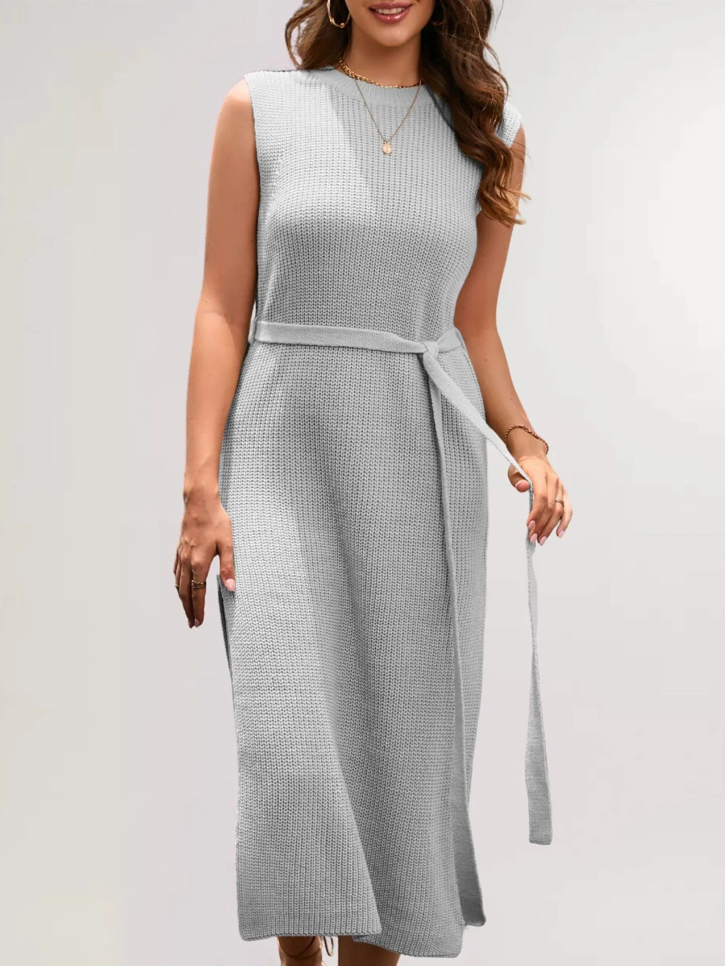 sleeveless knit slit maxi dress #Color_Gray