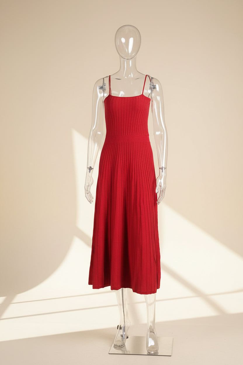 Solid Pleated Knit Slip Dress — front view