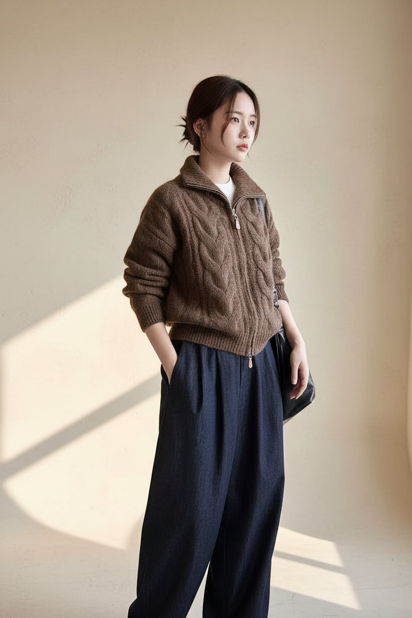 ELNOVÉ Cable Knit Double-Zipper Cardigan