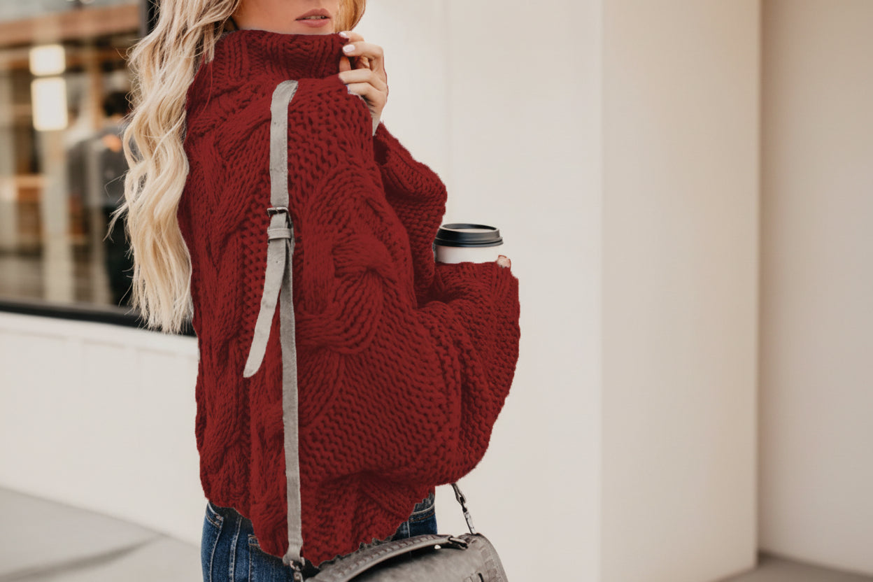 High Neck Cable Knit Cropped Sweater — Detail View 8