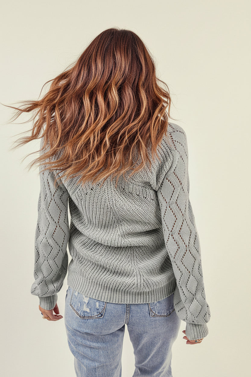 Gray Openwork Puff Sleeve Knit Sweater — Back View