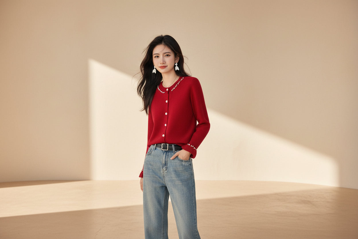 ELNOVÉ Beaded Bell Sleeve Knit Cardigan