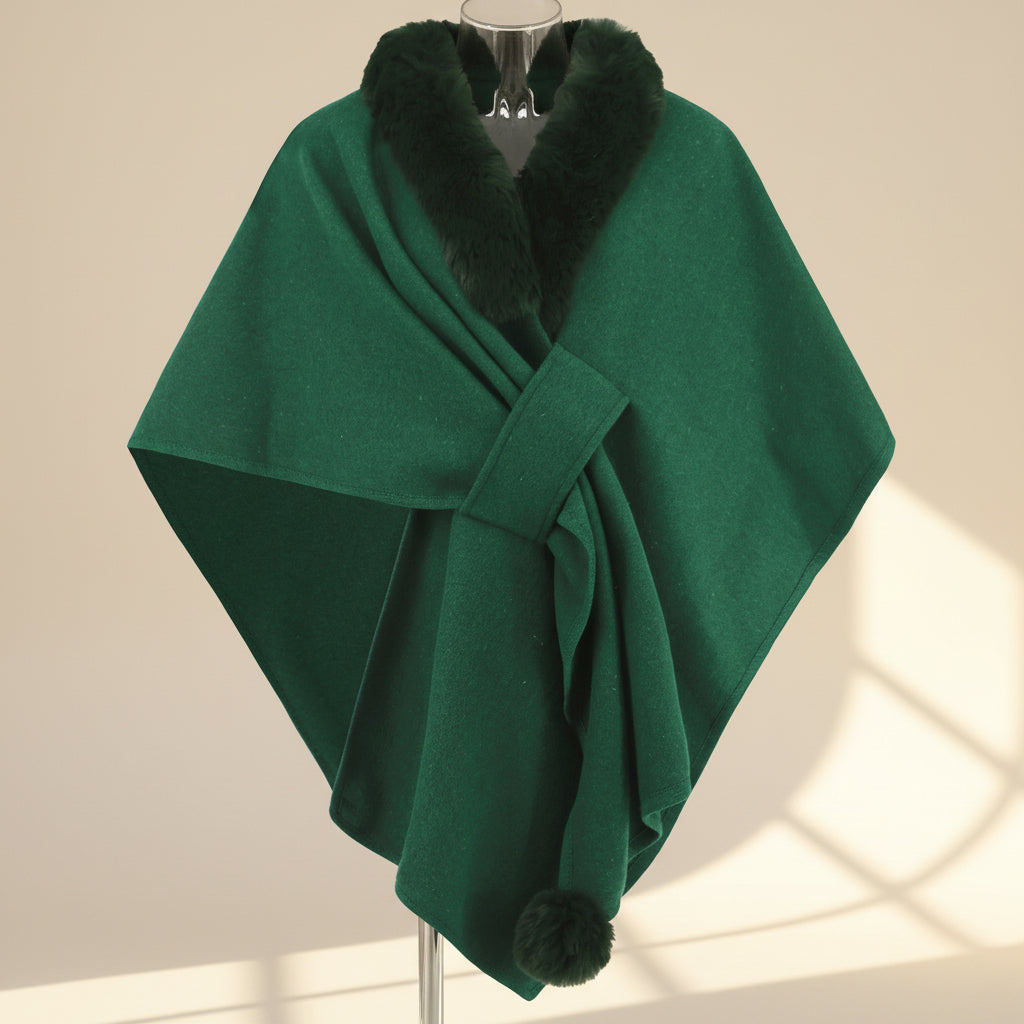 ELNOVÉ Fur Collar Knit Cape Shawl