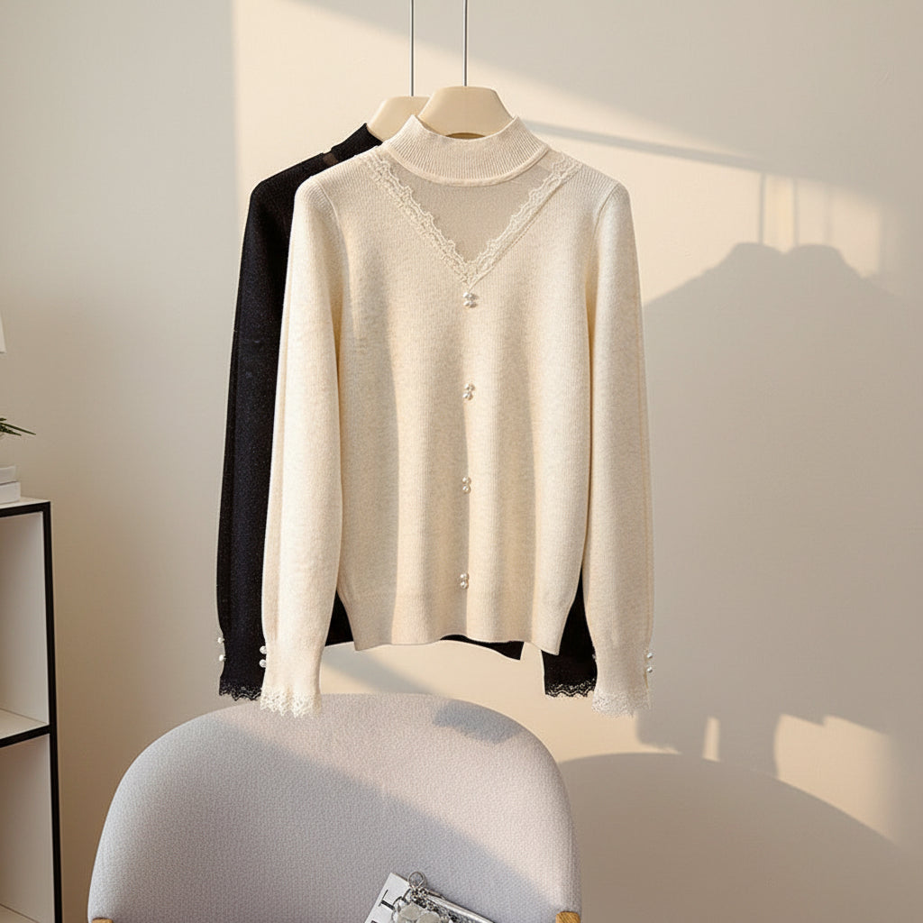 Chiffon-Trim Long Sleeve Knit Sweater — Detail View 2