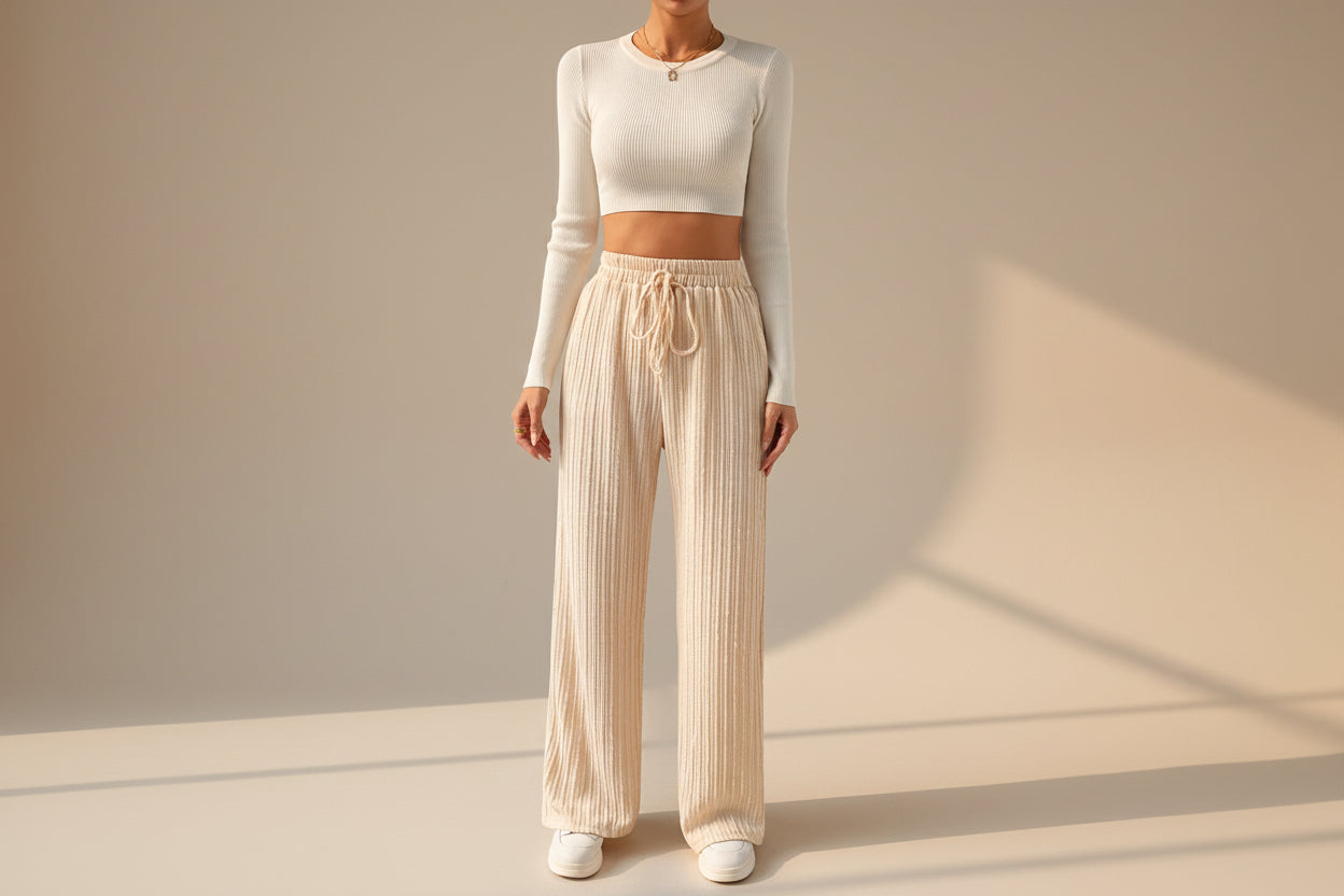 ELNOVÉ Textured Knit Wide Leg Trousers