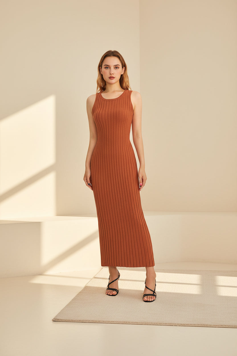 Pleated Ribbed Knit Tank Maxi Dress — styling view