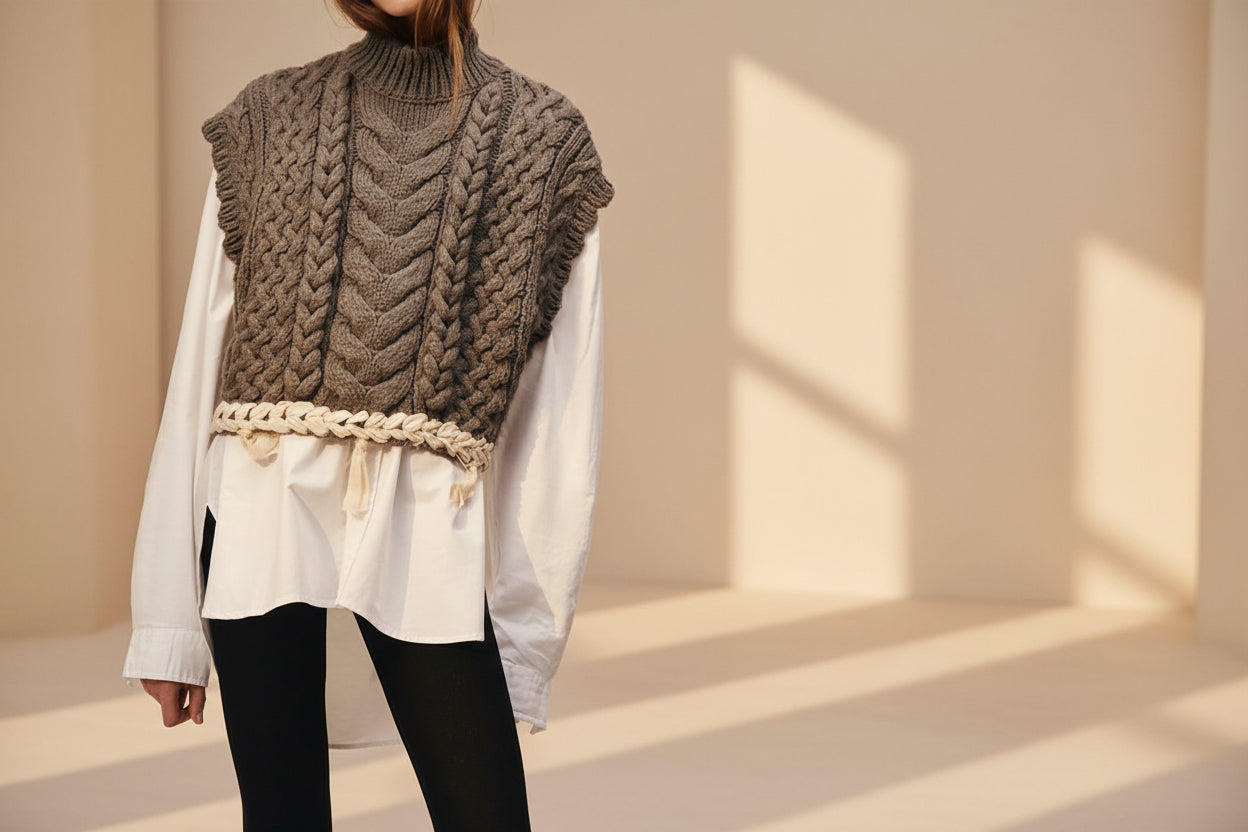 Braided High-Collar Knit Vest