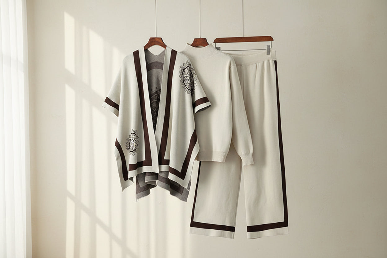 Three-Piece Knit Cape Top & Pants Set — Front View