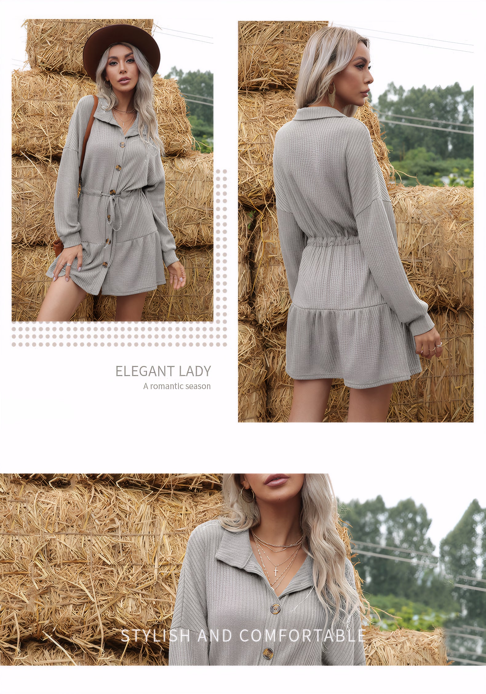 button-front A-line knit dress#Color_Gray