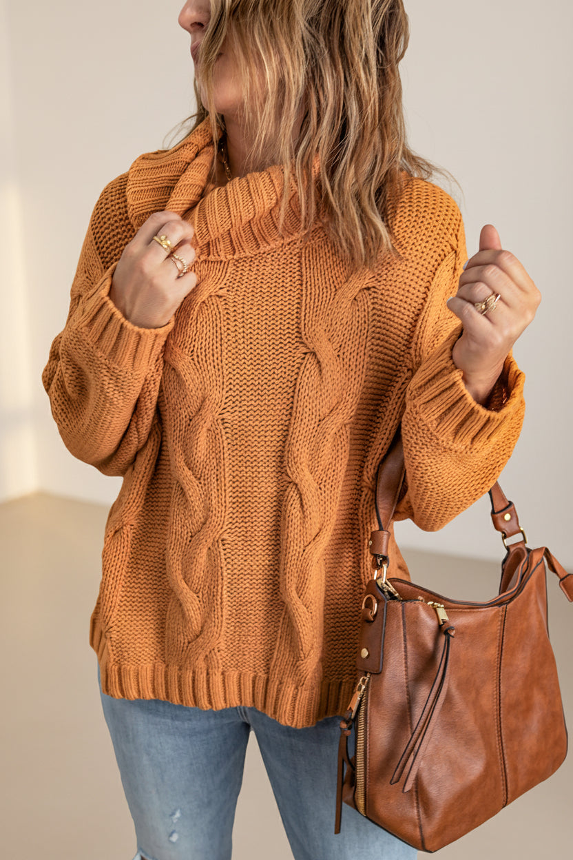 Cable-Knit Handmade Turtleneck Sweater — Styling Detail