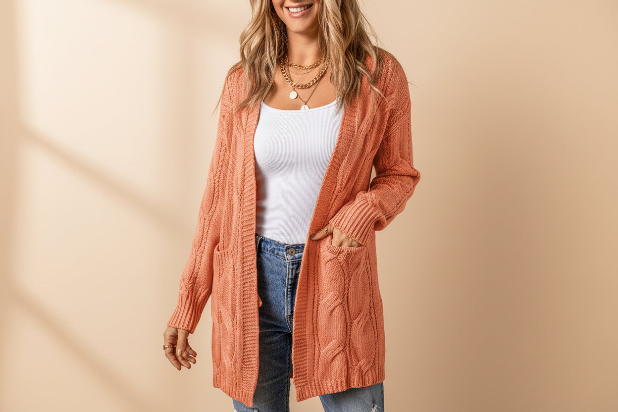 Ribbed Trim Eyelet Cable Knit Cardigan — View 10