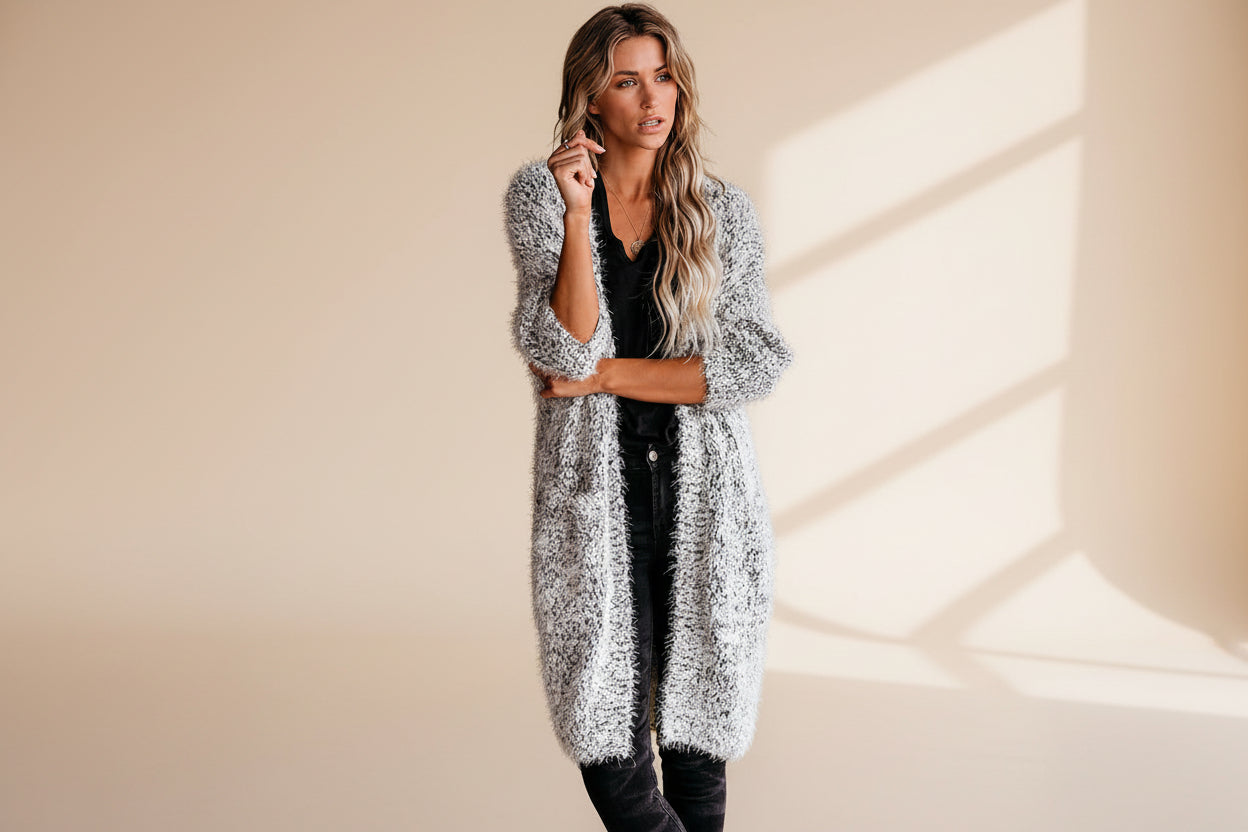 Gray Fuzzy Knit Cardigan with Pockets — Detail View 7