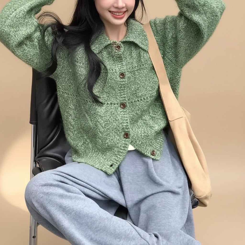 ELNOVÉ Cable Knit Collar Cardigan