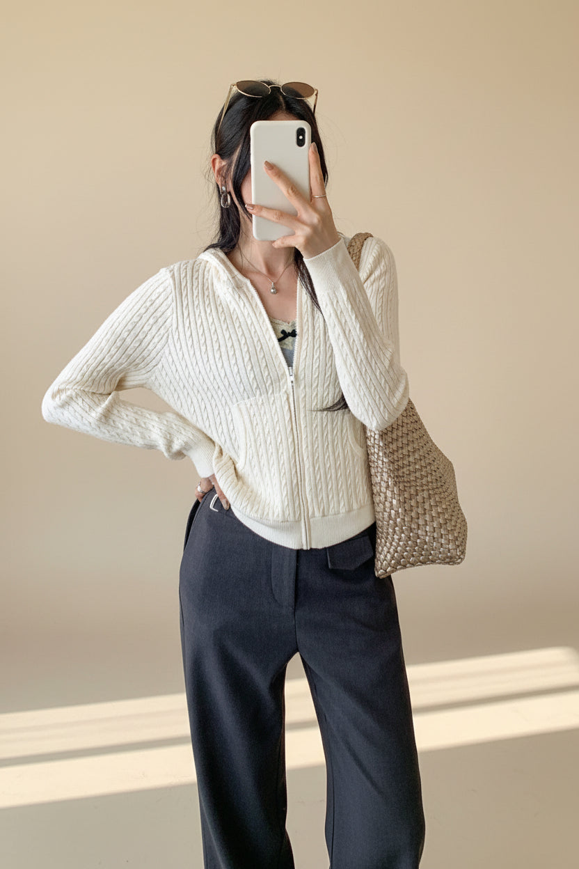 Cable Knit Hooded Zip Cardigan — Back View