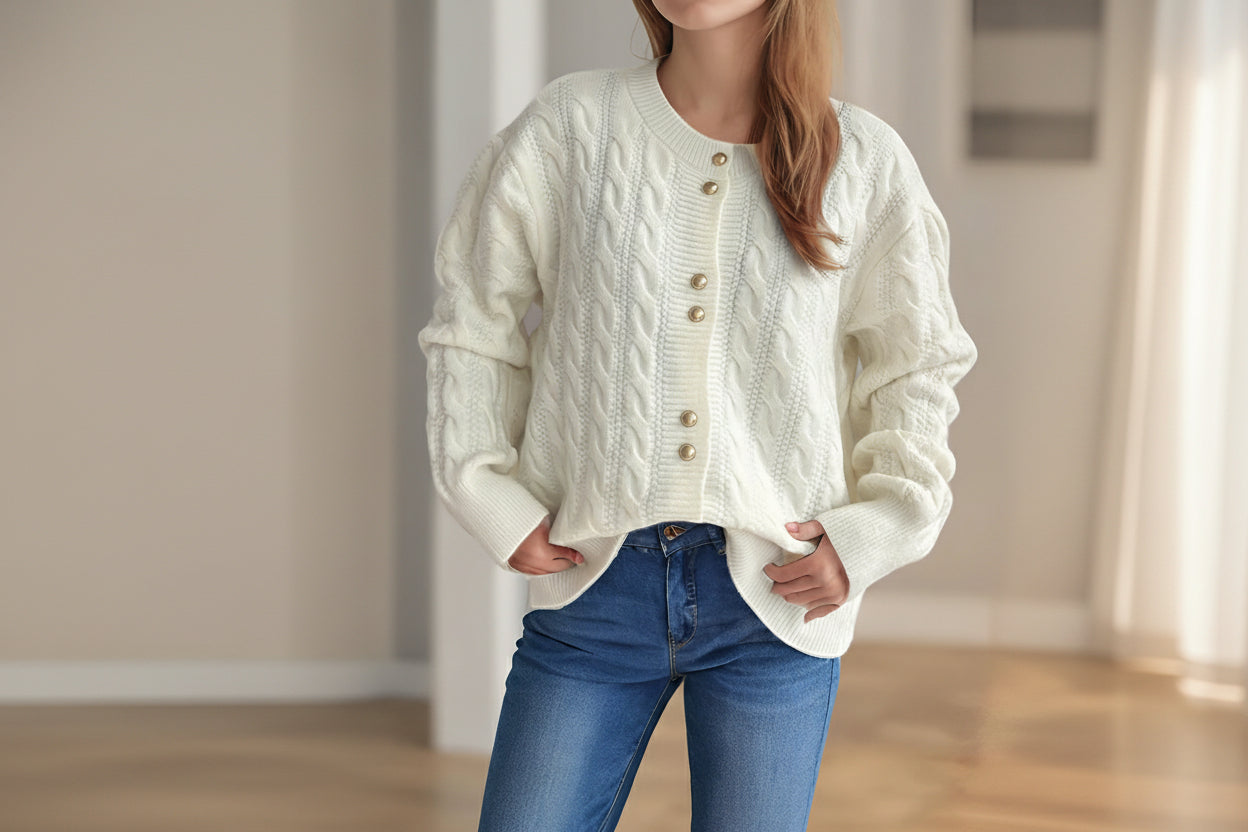 ELNOVÉ Cable-Knit Round Neck Cardigan