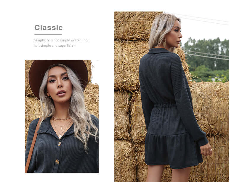 Odette Button-Front A-Line Knit Dress#Color_Blue