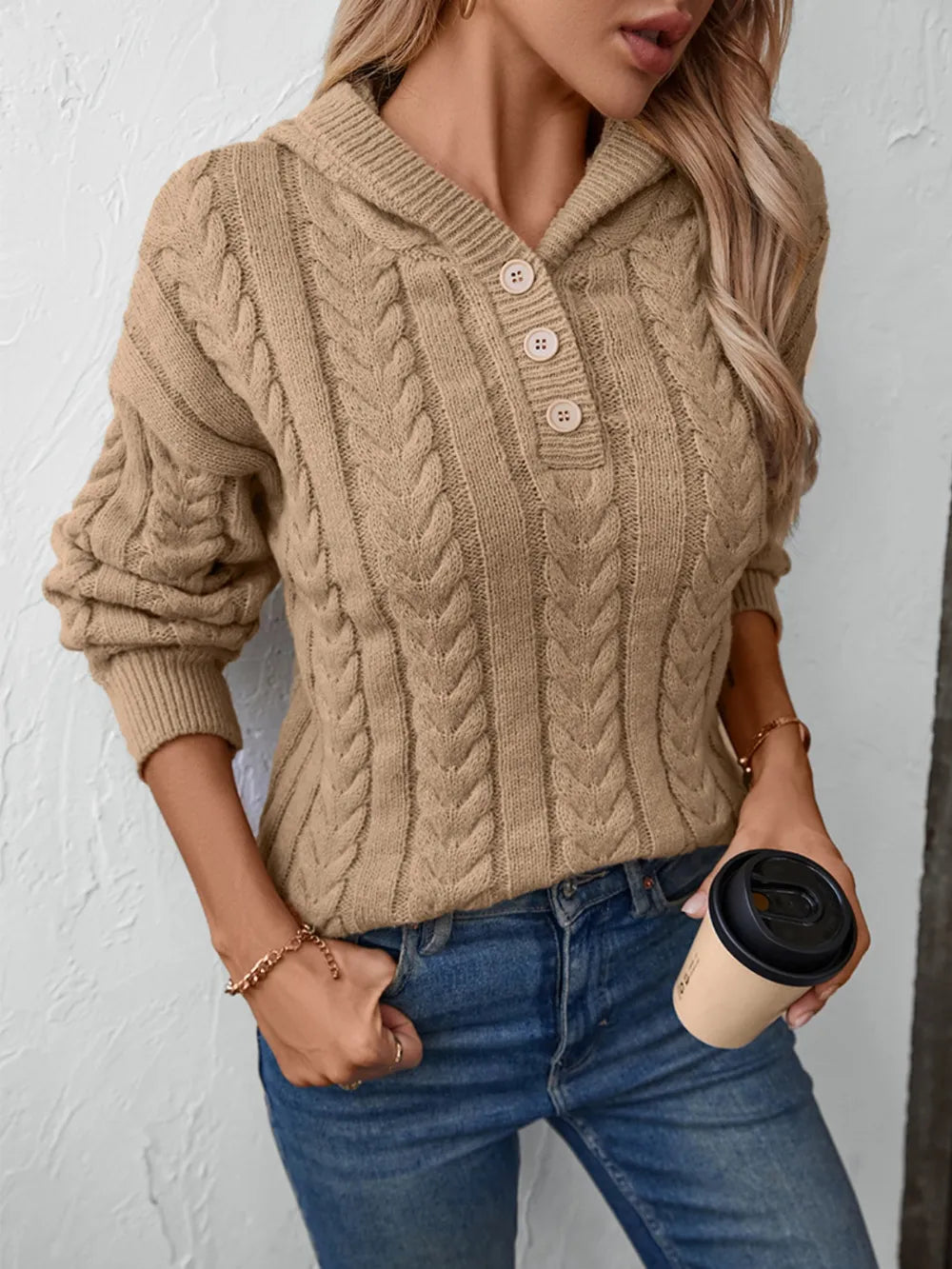 cable-knit hooded sweater
