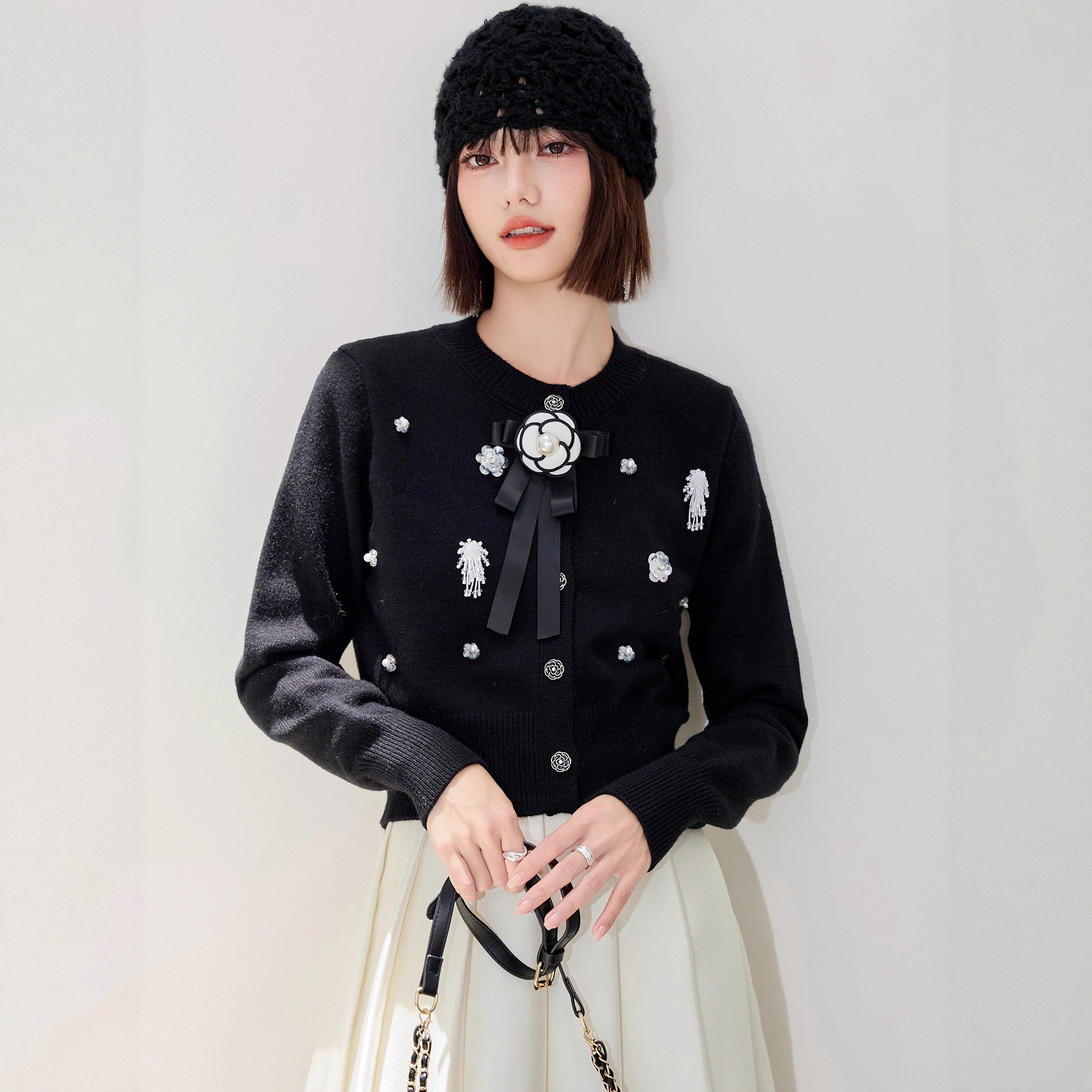 Embellished Beaded Knit Cardigan — Front View