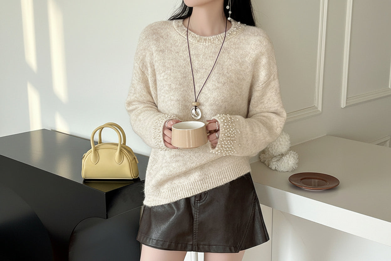 Pearl-Embellished Soft Knit Sweater — Front View