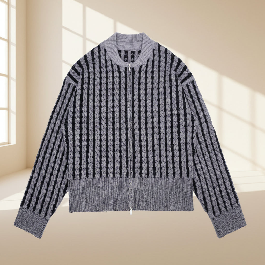 ELNOVÉ Color-Block Stripe Cable Knit Zip Cardigan