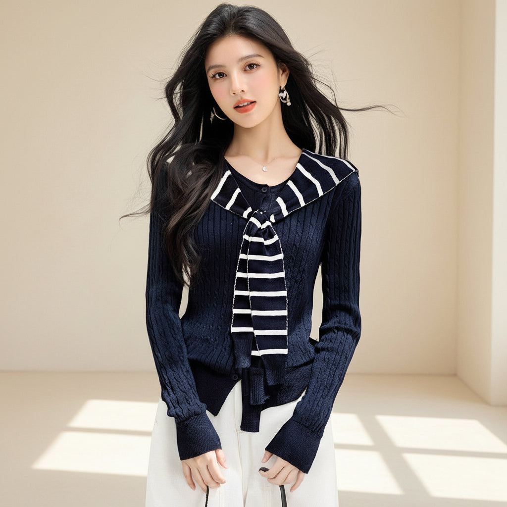 Navy Striped Knit Cardigan Set — View 5