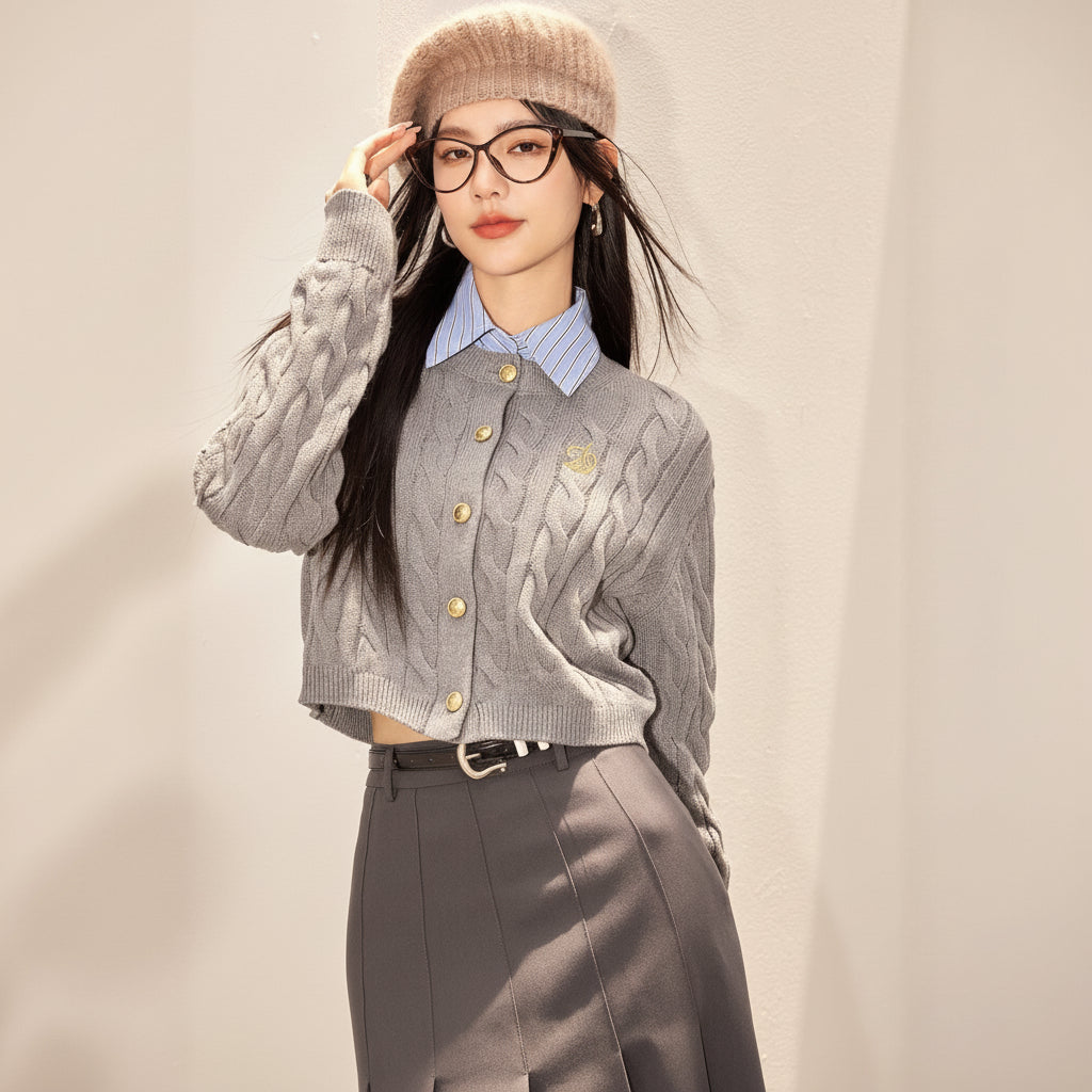 Gray Cable Knit Fitted Cardigan — View 2