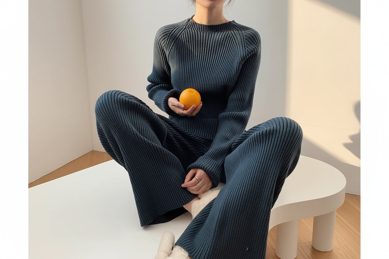 Slit Knit Sweater & Wide Leg Pants Set — Detail View 10