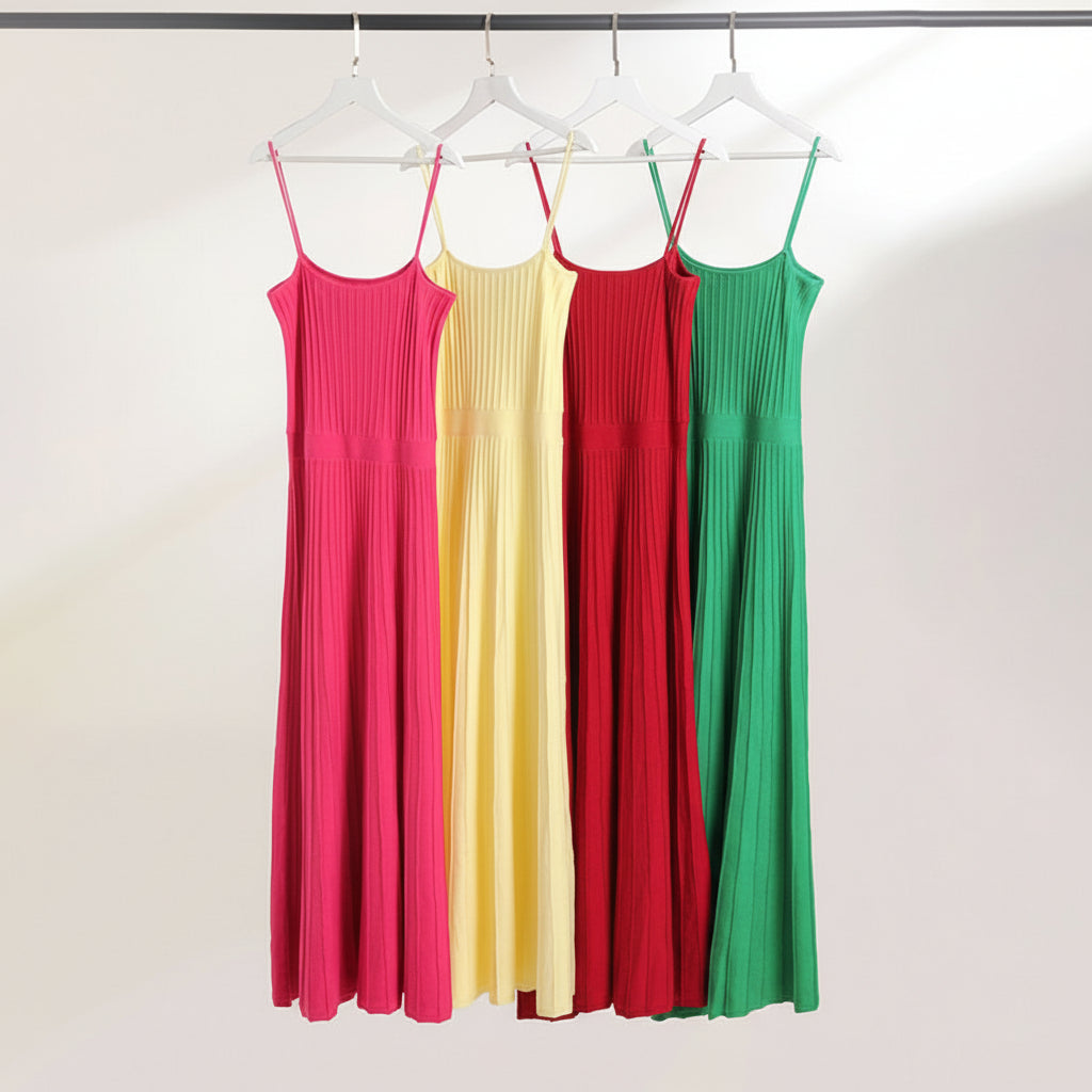 Solid Pleated Knit Slip Dress — back view