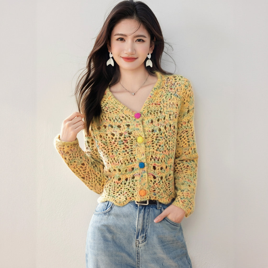 ELNOVÉ Yellow Hollow Knit Cardigan