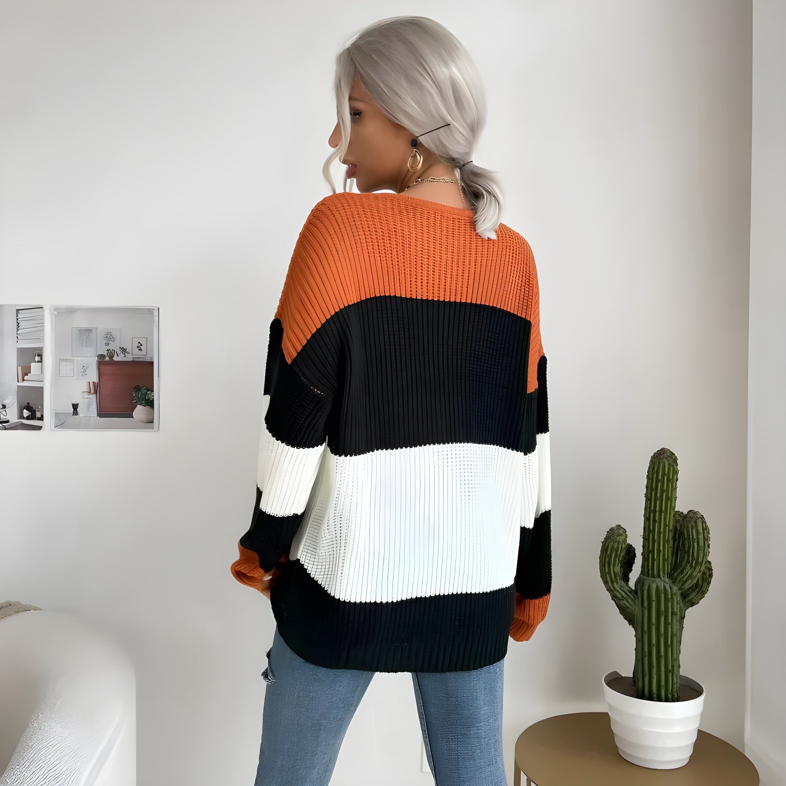 Pull en maille col rond, blocs de couleur