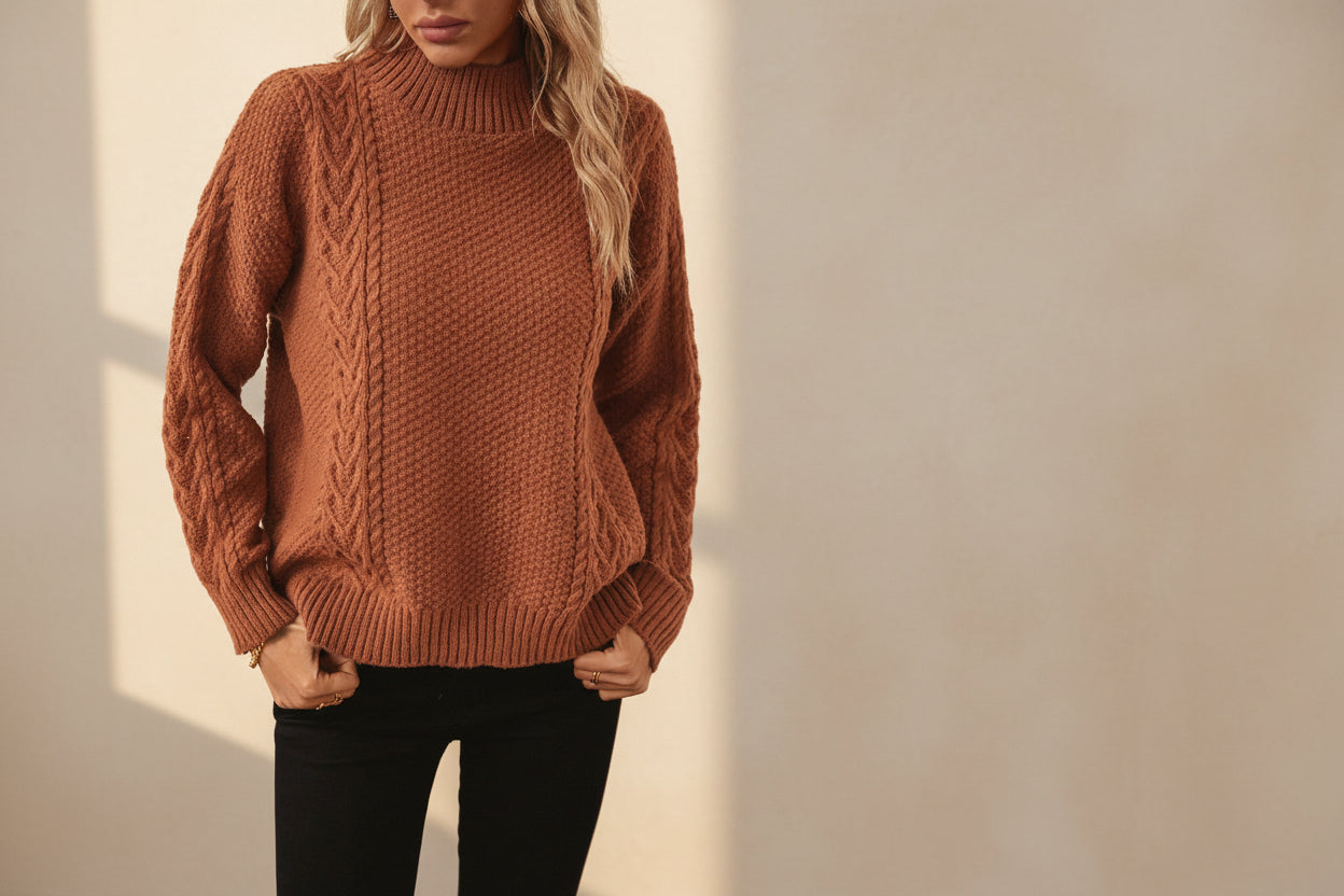 Cable-Knit Mock Neck Sweater — Front View