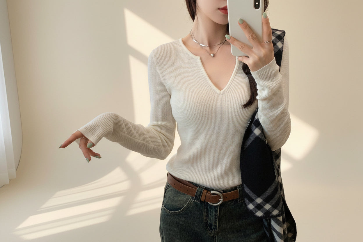 Gray Long Sleeve Knit Top — View 2