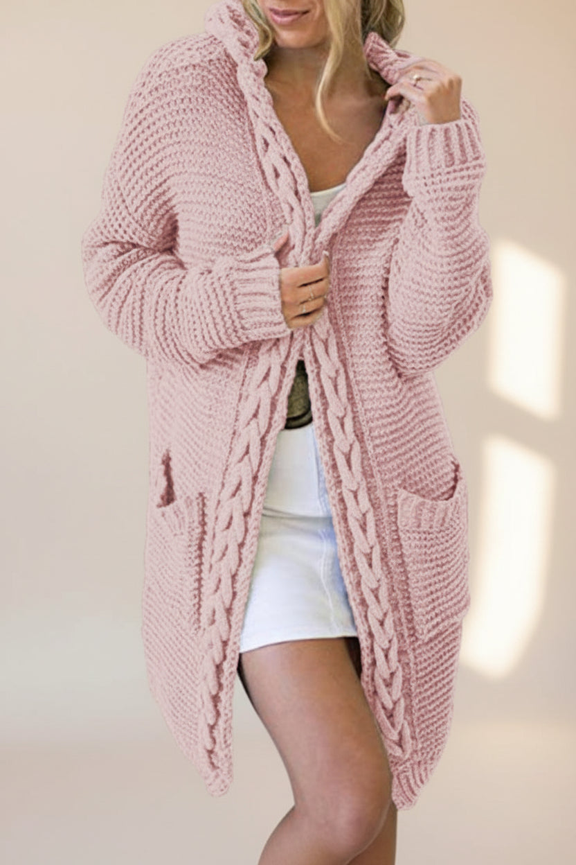 Hooded Cable Knit Colorblock Cardigan — Detail View 14