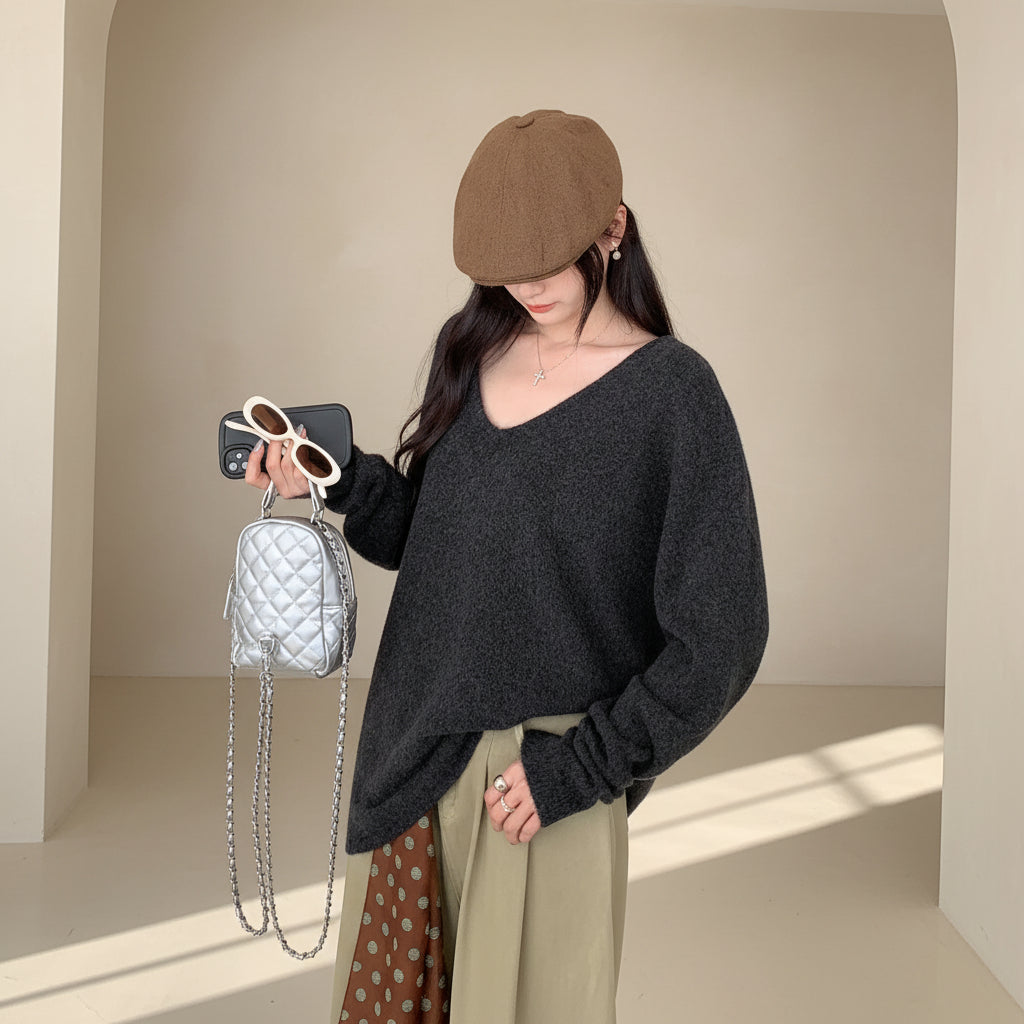 ELNOVÉ V-Neck Relaxed Knit Pullover