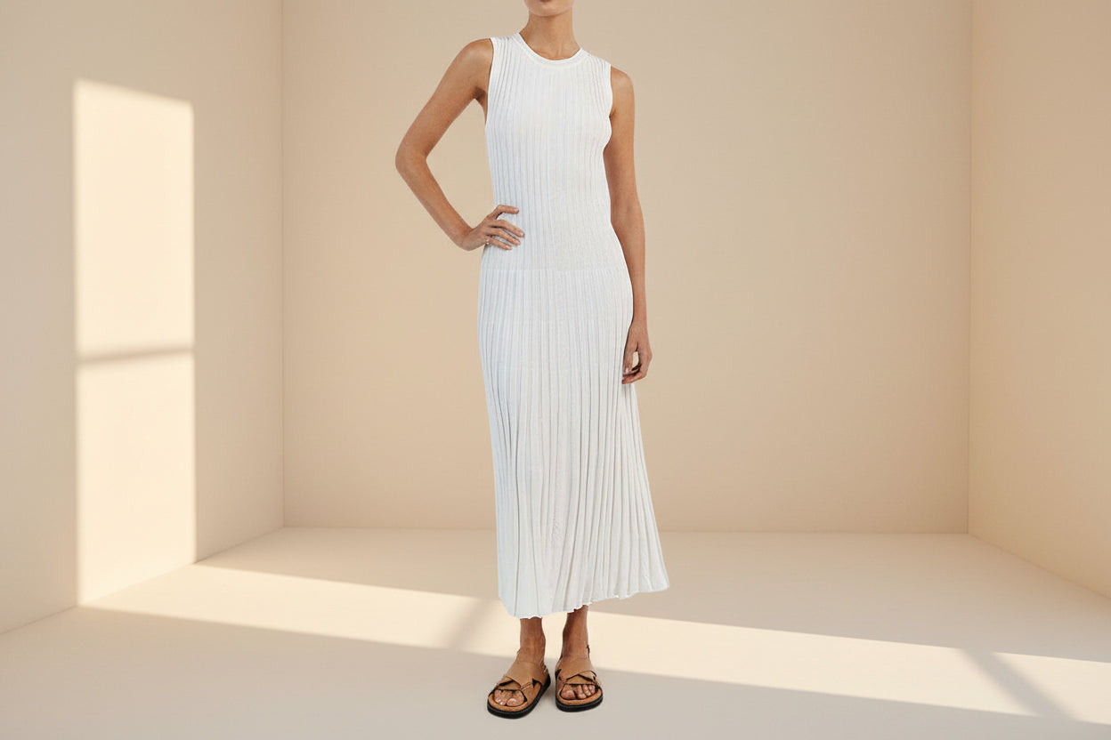 Pleated Ribbed Knit Tank Maxi Dress — front view