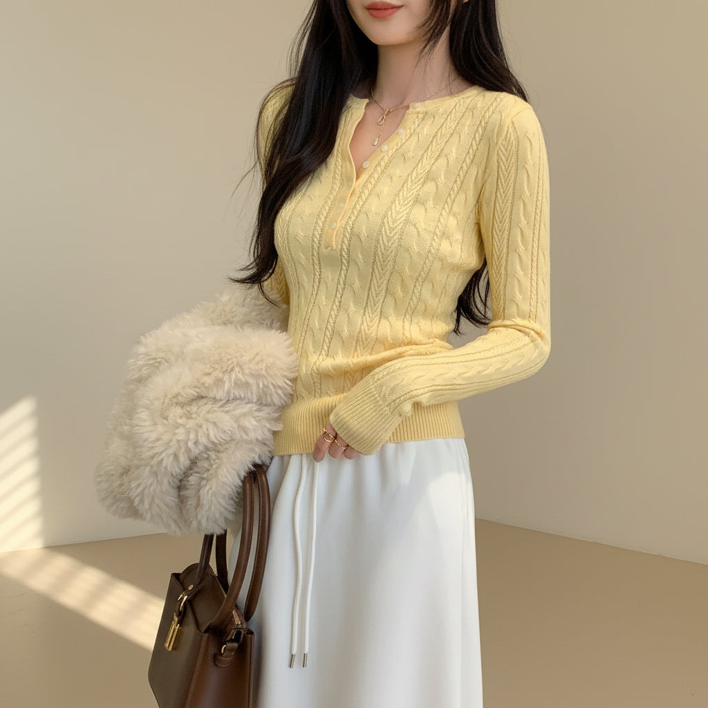 ELNOVÉ Half-Open Neck Cable Knit Sweater