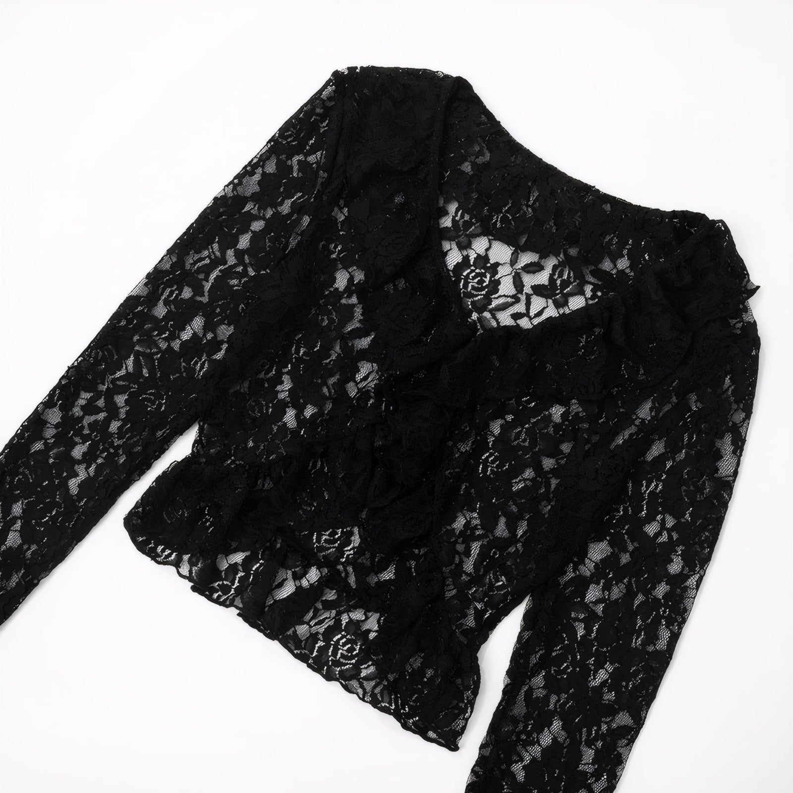 lace-spliced V-neck knit top
